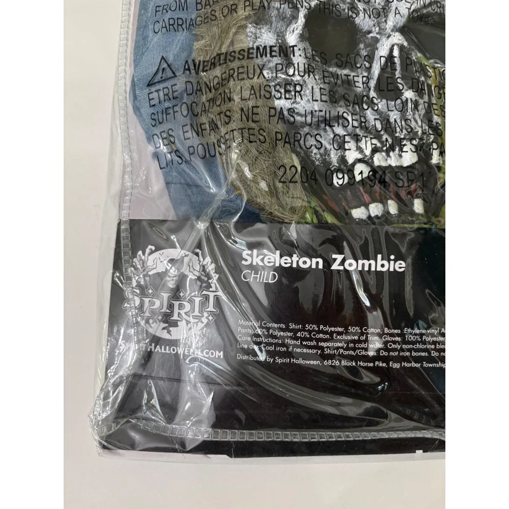 Spirit Halloween Skeleton Zombie Costume Child Small 4-6 Mask Gloves Shirt Pants